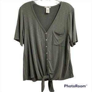 MATTY M Women's Front Tie Short Sleeve V-Neck Stretch T-Shirt Top Small